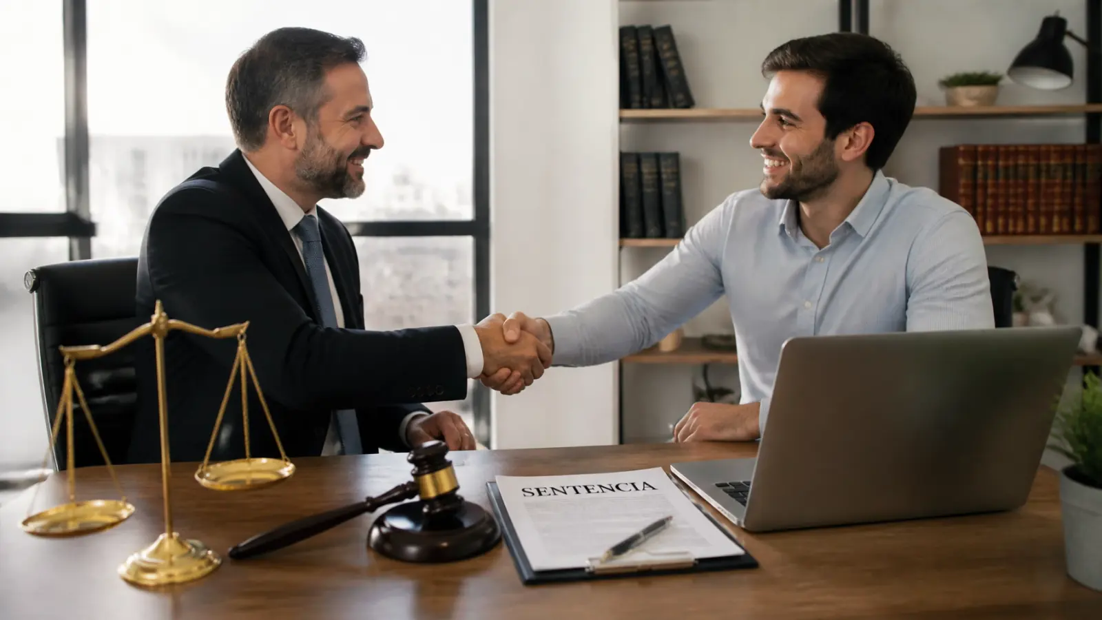 Abogado y cliente celebrando una sentencia favorable en un juicio contra el banco